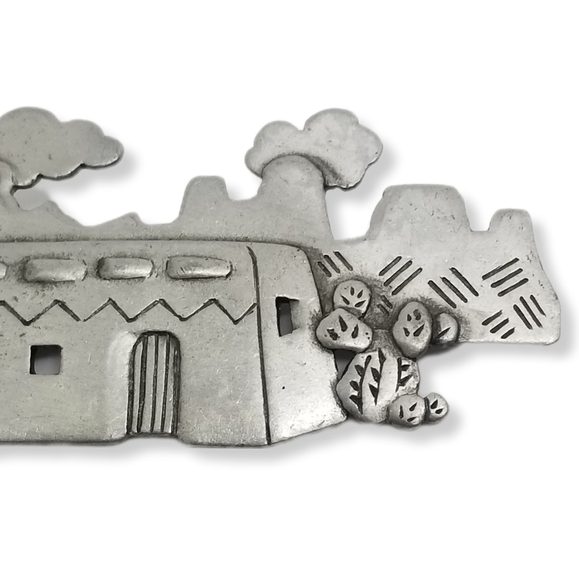 JONETTE JEWELRY 1988 SCENIC SOUTHWESTERN ADOBE HOUSE PEWTER BROOCH - Picture 2 of 4